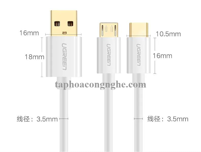 Ugreen 30575 0.5M màu Trắng Cáp USB-A sang Micro USB + USB-C cao cấp US197 30030575